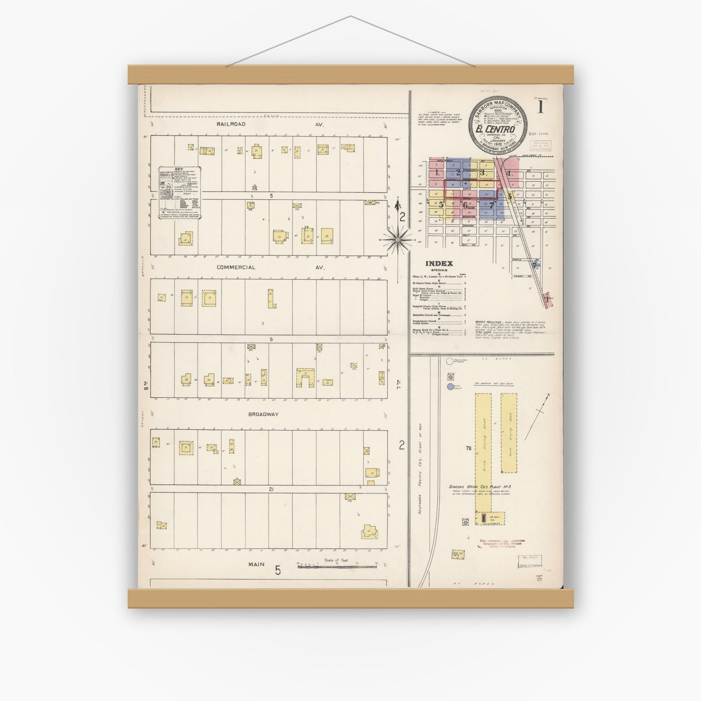 Old map wall art mockup — magnetic wood frame on white wall — Sanborn Fire Insurance Map from El Centro, Imperial County, California (1910) - Complete Map Set