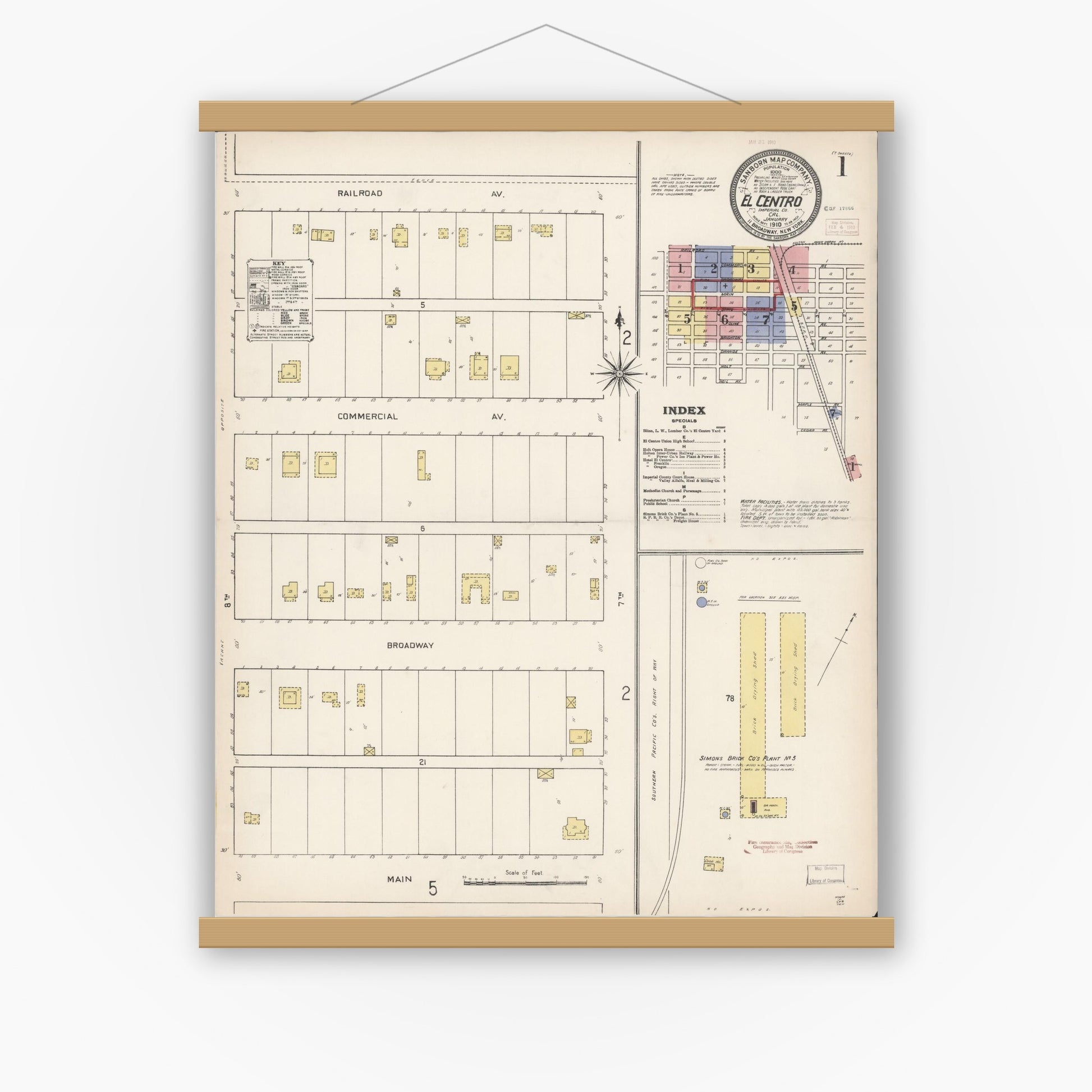 Old map wall art mockup — magnetic wood frame on white wall — Sanborn Fire Insurance Map from El Centro, Imperial County, California (1910) - Complete Map Set