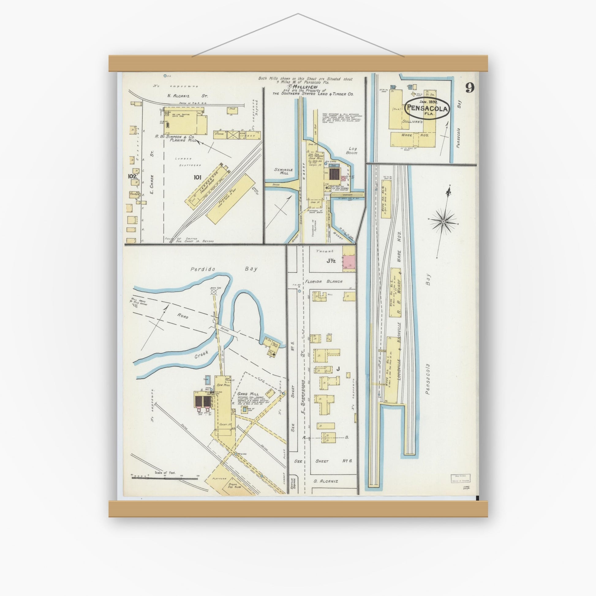 Old map wall art mockup — magnetic wood frame on white wall — Sanborn Fire Insurance Map from Pensacola, Escambia County, Florida (1892), Sheet #0009