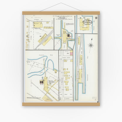 Old map wall art mockup — magnetic wood frame on white wall — Sanborn Fire Insurance Map from Pensacola, Escambia County, Florida (1892), Sheet #0009