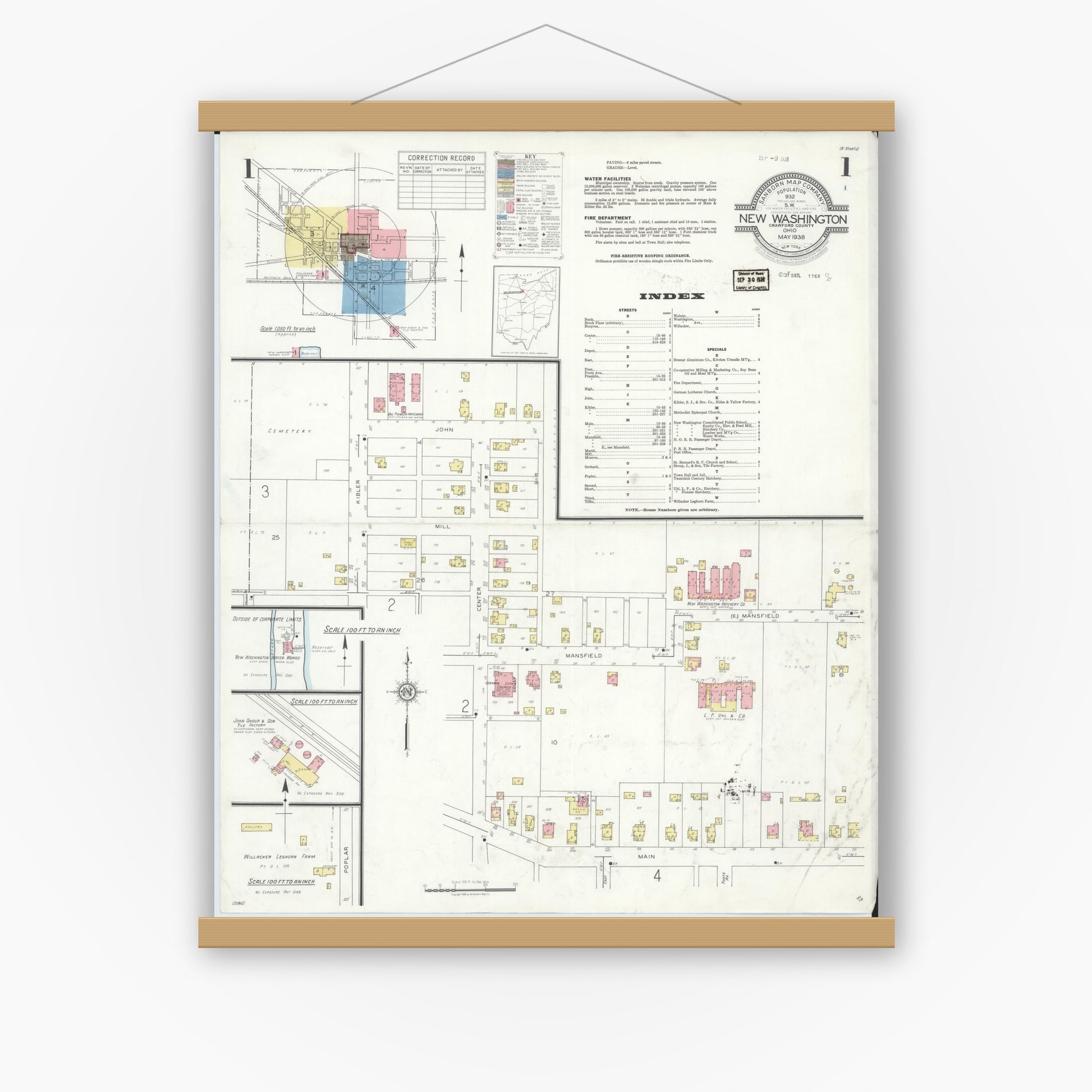 Old map wall art mockup — magnetic wood frame on white wall — Sanborn Fire Insurance Map from New Washington, Crawford County, Ohio (1938), Sheet #0001