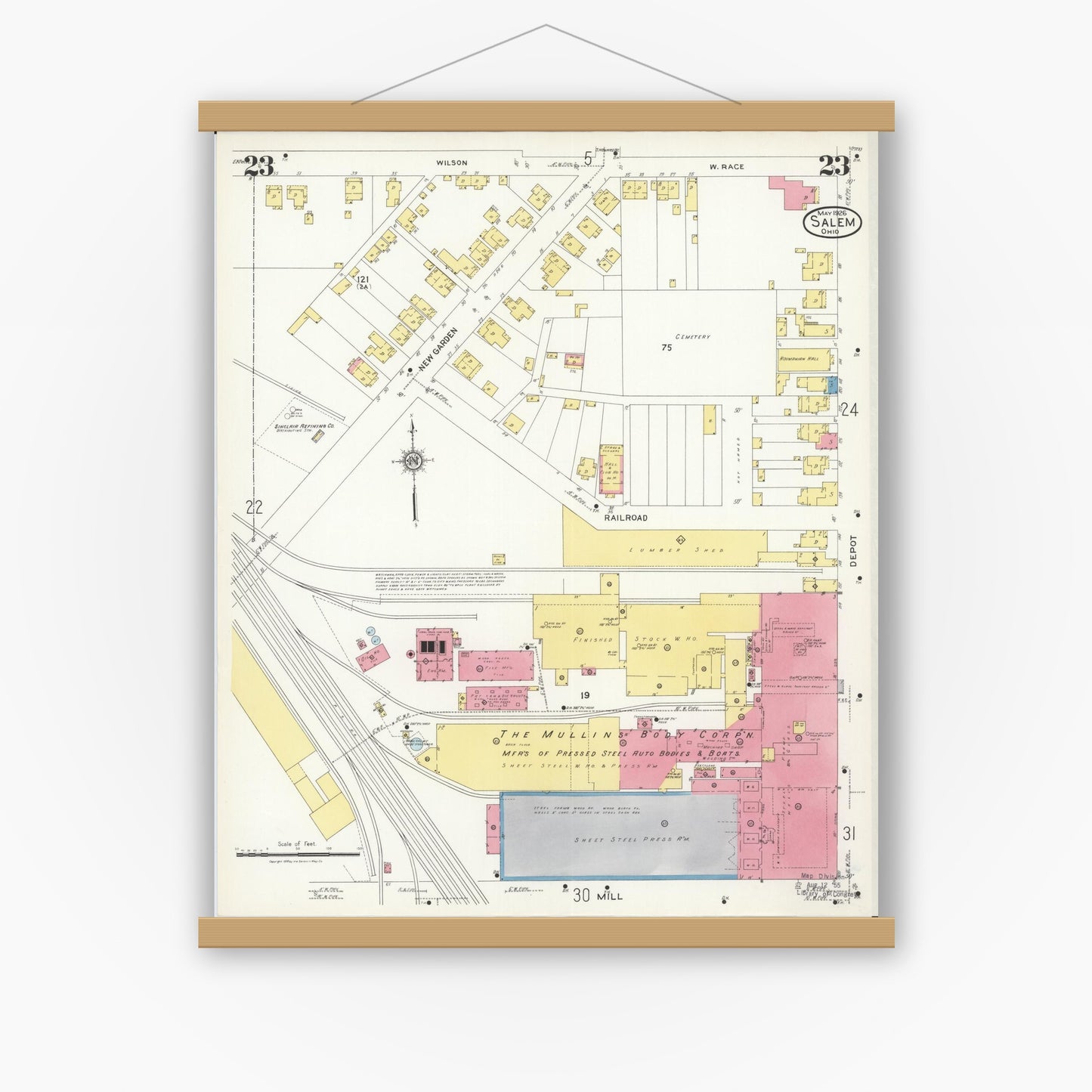 Old map wall art mockup — magnetic wood frame on white wall — Sanborn Fire Insurance Map from Salem, Columbiana County, Ohio (1926), Sheet #0023