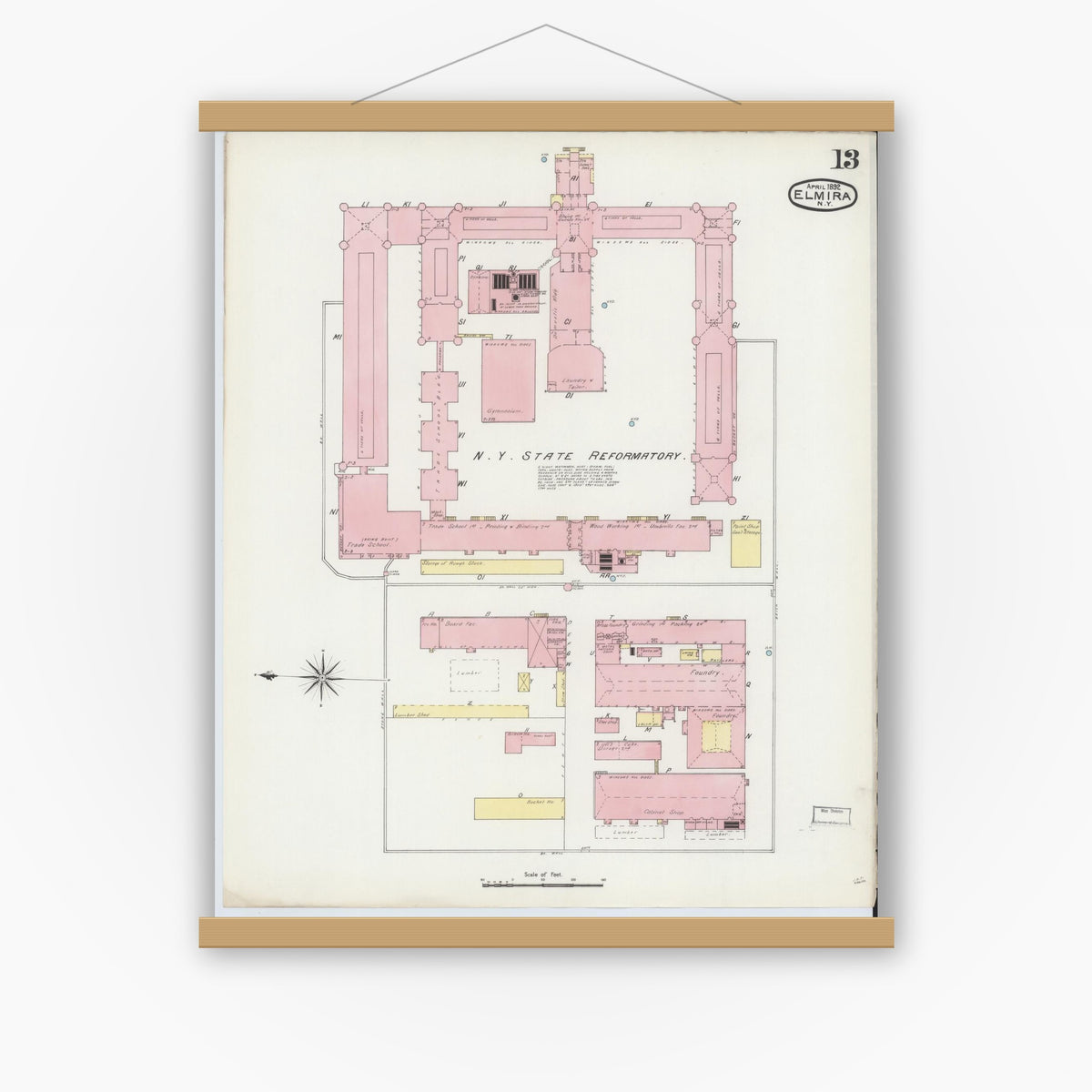 Old map wall art mockup — magnetic wood frame on white wall — Sanborn Fire Insurance Map from Elmira, Chemung County, New York (1892), Sheet #0013