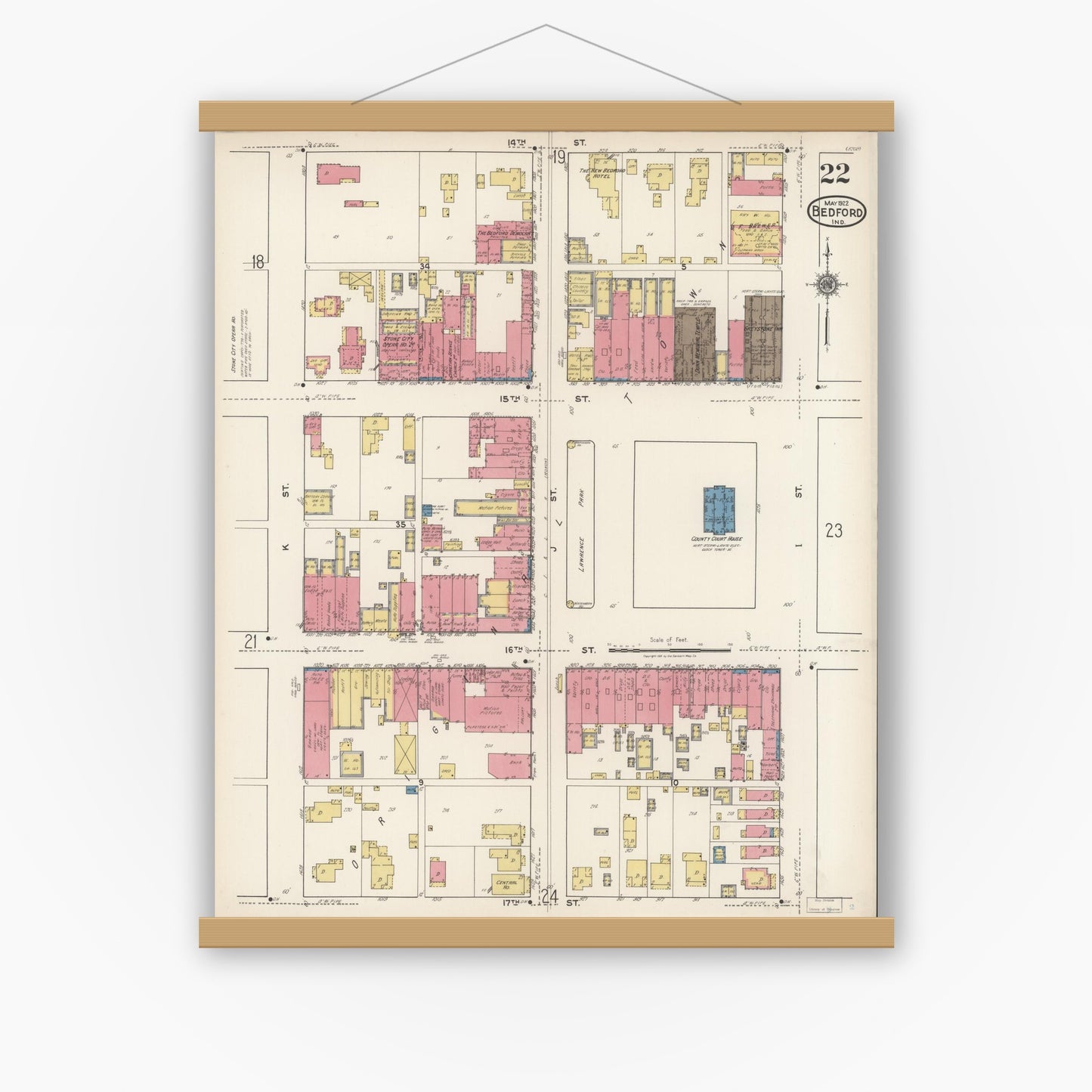 Old map wall art mockup — magnetic wood frame on white wall — Sanborn Fire Insurance Map from Bedford, Lawrence County, Indiana (1922), Sheet #0022