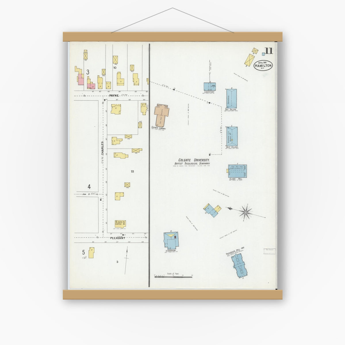 Old map wall art mockup — magnetic wood frame on white wall — Sanborn Fire Insurance Map from Hamilton, Madison County, New York (1901), Sheet #0011