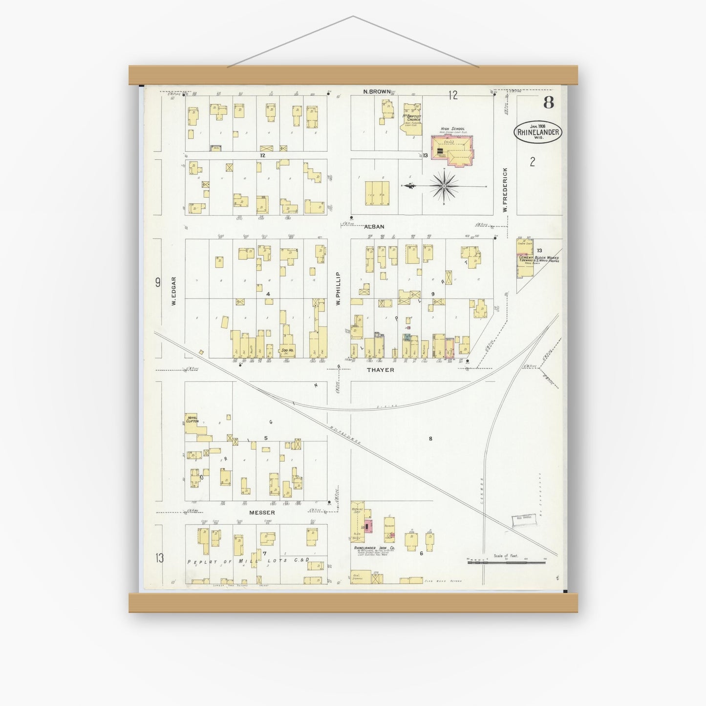 Old map wall art mockup — magnetic wood frame on white wall — Sanborn Fire Insurance Map from Rhinelander, Oneida County, Wisconsin (1908), Sheet #0008