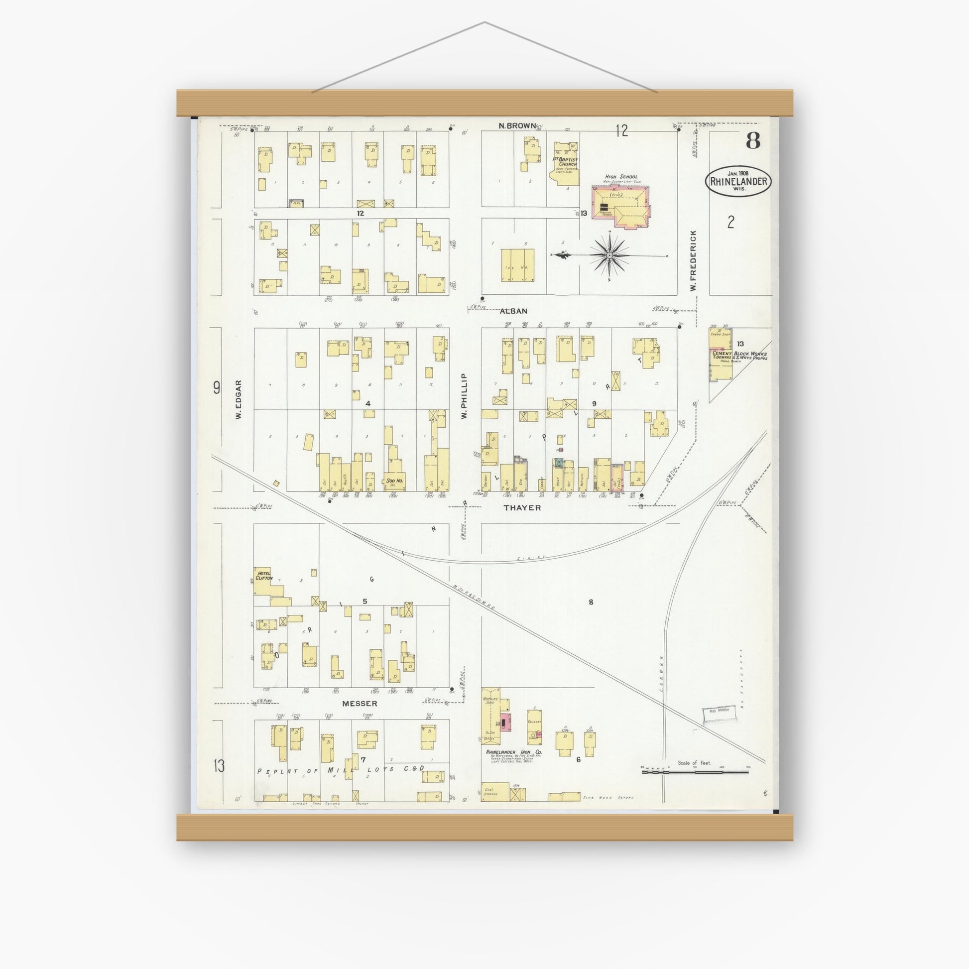 Old map wall art mockup — magnetic wood frame on white wall — Sanborn Fire Insurance Map from Rhinelander, Oneida County, Wisconsin (1908), Sheet #0008