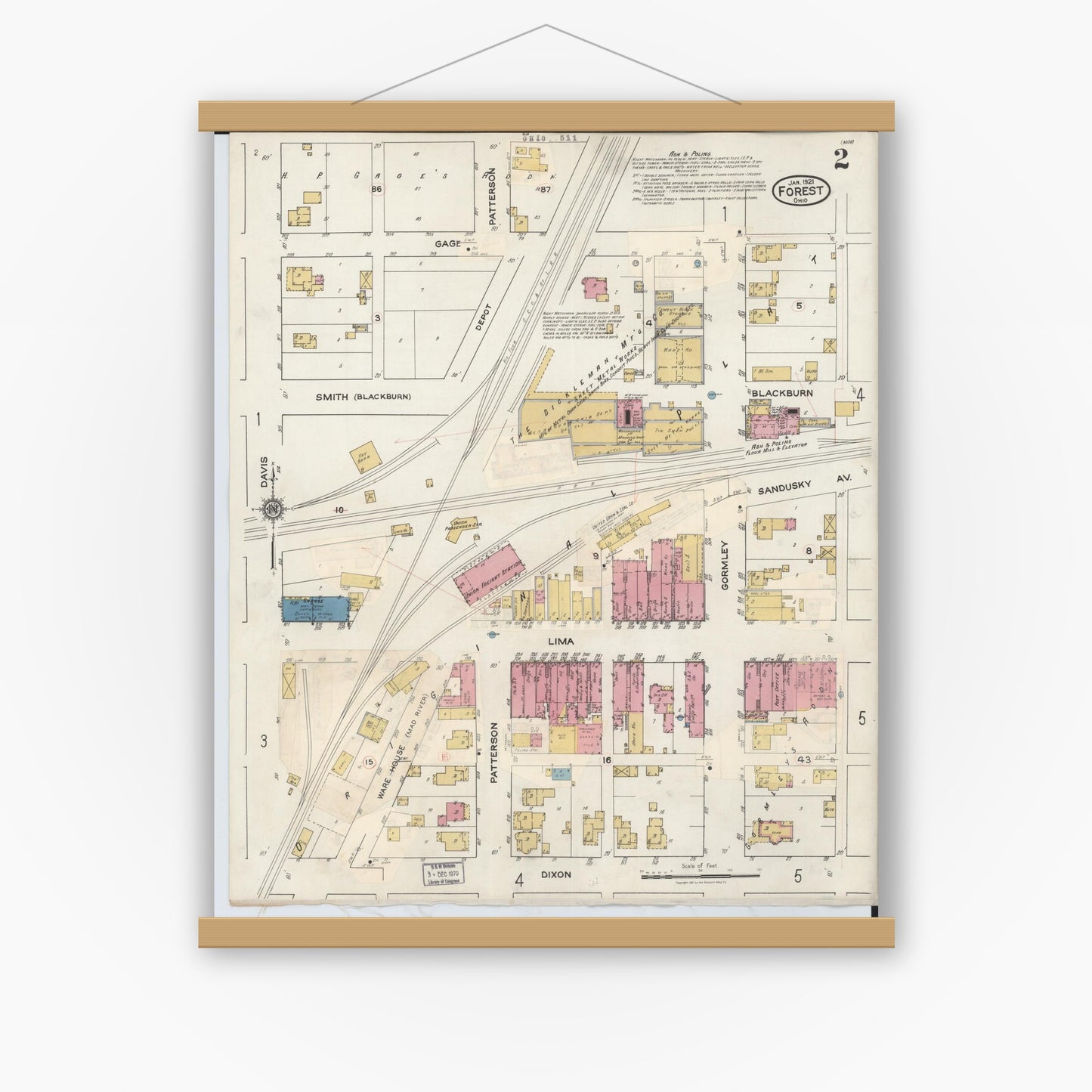 Old map wall art mockup — magnetic wood frame on white wall — Sanborn Fire Insurance Map from Forest, Hardin County, Ohio (1932), Sheet #0002