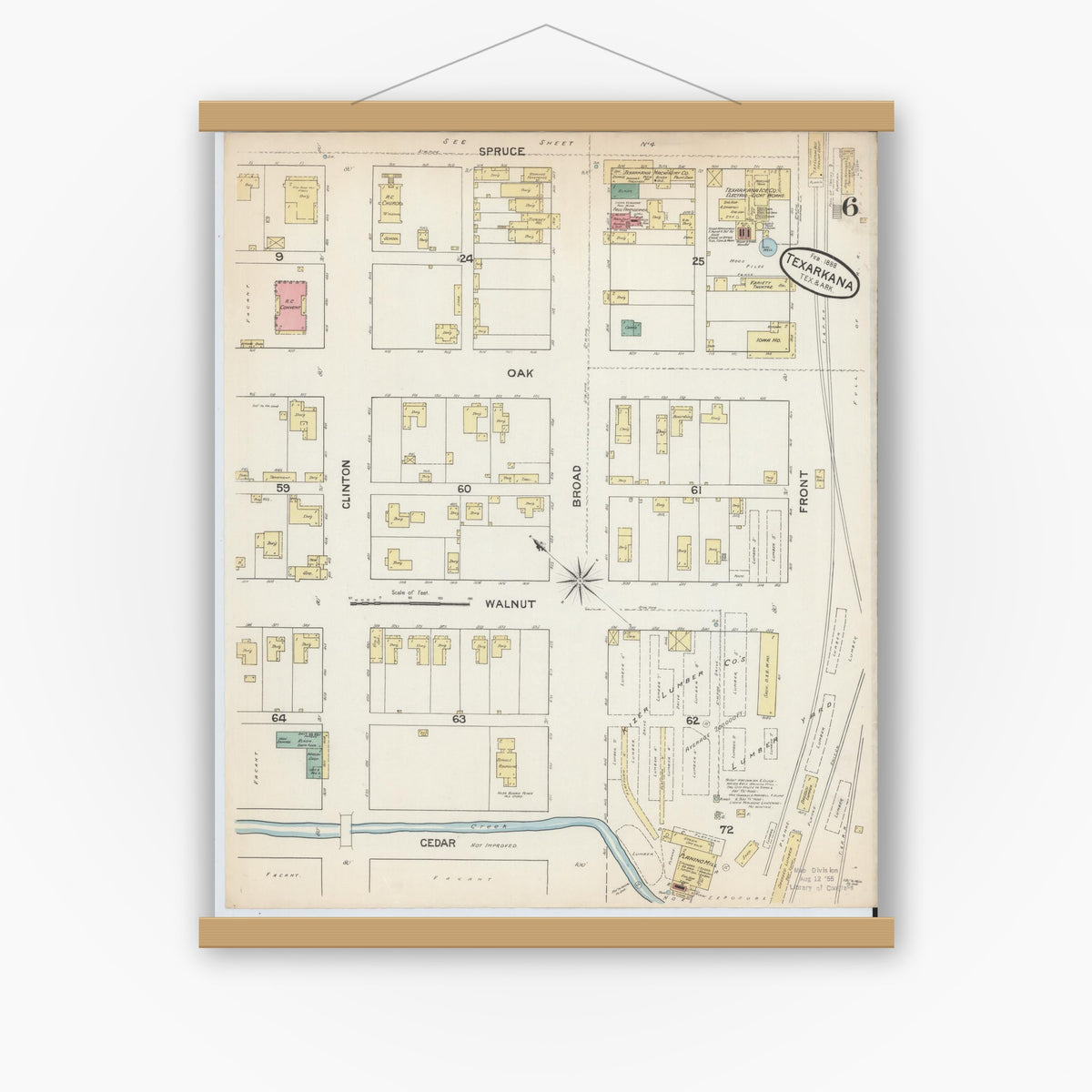 Old map wall art mockup — magnetic wood frame on white wall — Sanborn Fire Insurance Map from Texarkana, Bowie County, Texas (1888), Sheet #0006