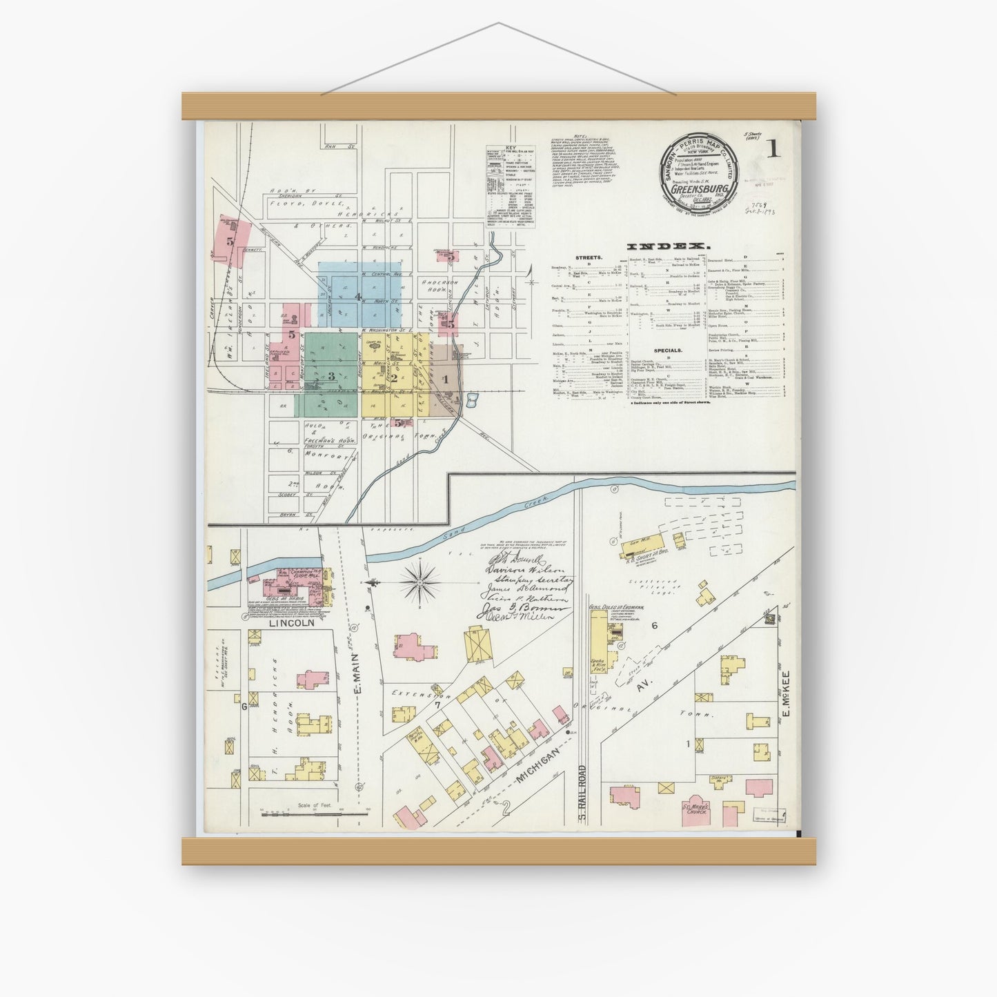 Old map wall art mockup — magnetic wood frame on white wall — Sanborn Fire Insurance Map from Greensburg, Decatur County, Indiana (1897) - Complete Map Set