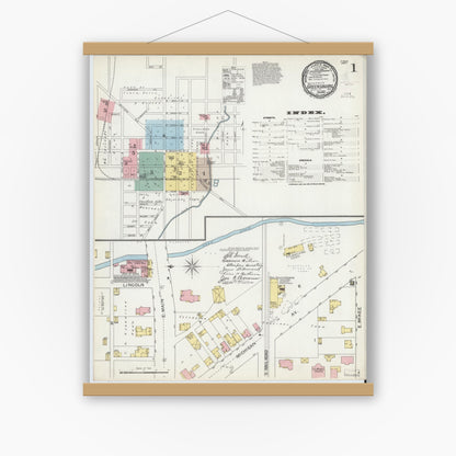 Old map wall art mockup — magnetic wood frame on white wall — Sanborn Fire Insurance Map from Greensburg, Decatur County, Indiana (1897) - Complete Map Set