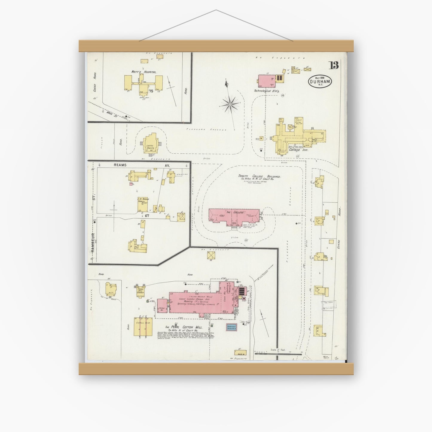 Old map wall art mockup — magnetic wood frame on white wall — Sanborn Fire Insurance Map from Durham, Durham County, North Carolina (1898), Sheet #0013