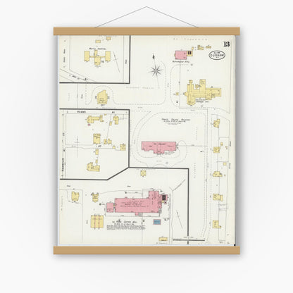 Old map wall art mockup — magnetic wood frame on white wall — Sanborn Fire Insurance Map from Durham, Durham County, North Carolina (1898), Sheet #0013