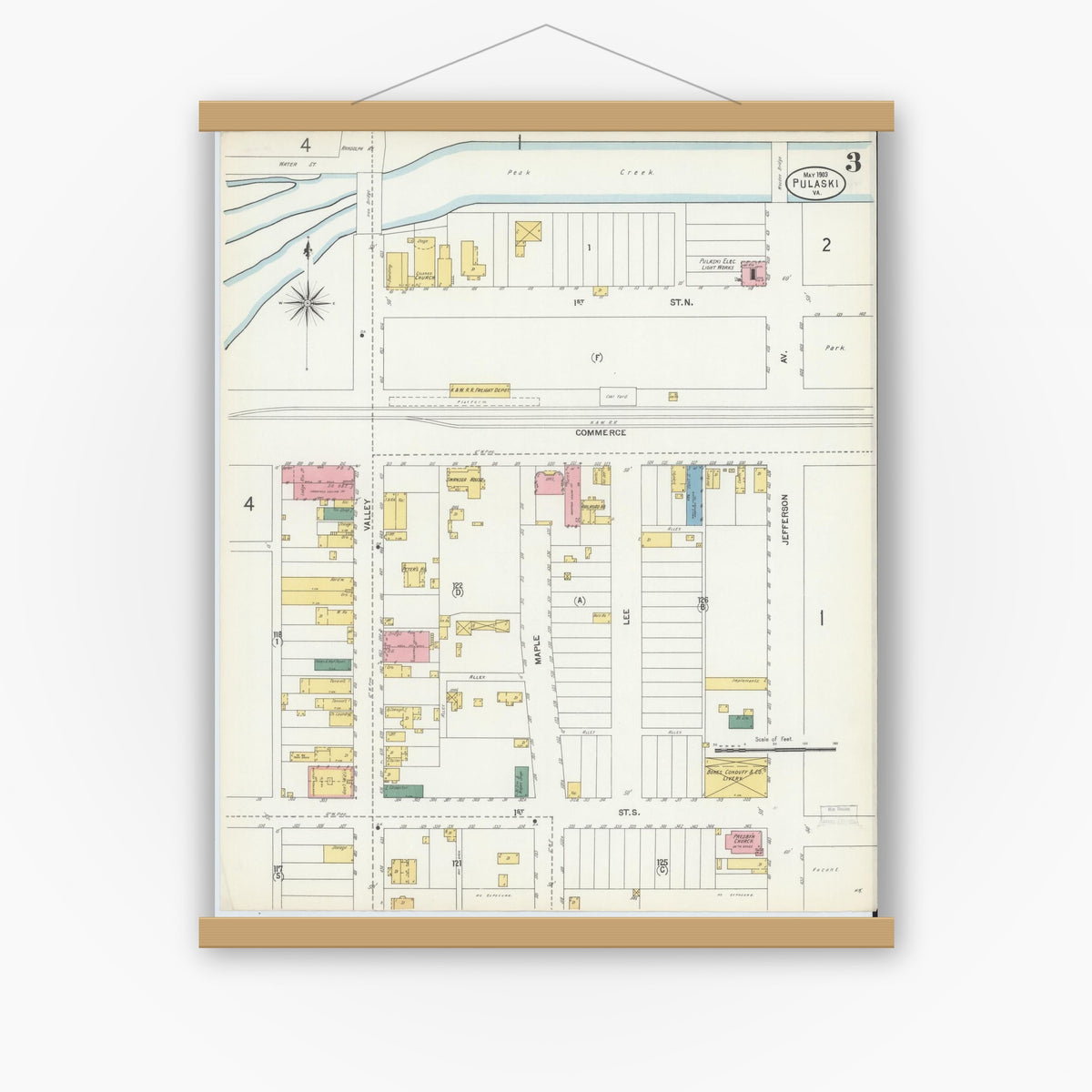 Old map wall art mockup — magnetic wood frame on white wall — Sanborn Fire Insurance Map from Pulaski, Pulaski County, Virginia (1903), Sheet #0003