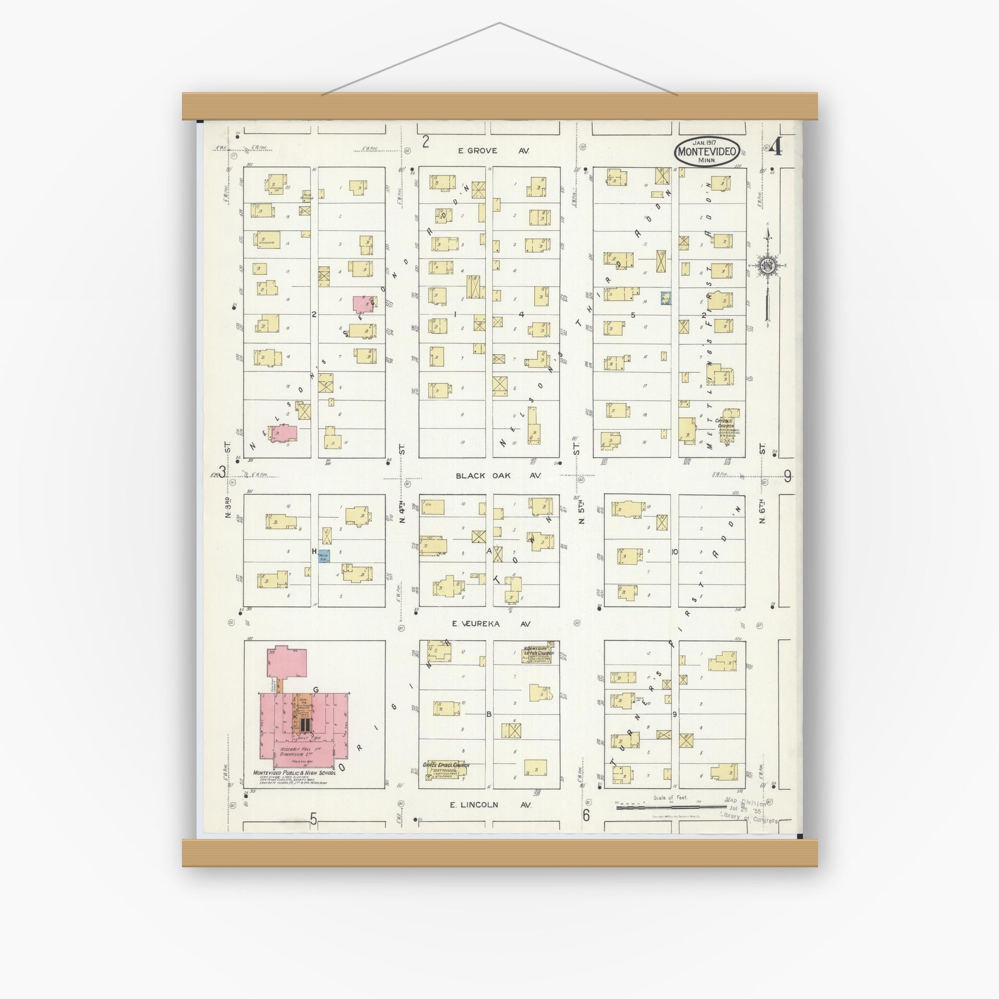 Old map wall art mockup — magnetic wood frame on white wall — Sanborn Fire Insurance Map from Montevideo, Chippewa County, Minnesota (1917), Sheet #0004