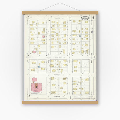 Old map wall art mockup — magnetic wood frame on white wall — Sanborn Fire Insurance Map from Montevideo, Chippewa County, Minnesota (1917), Sheet #0004