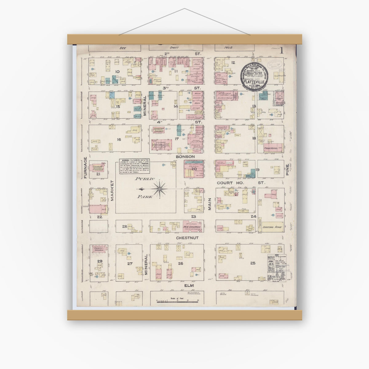 Old map wall art mockup — magnetic wood frame on white wall — Sanborn Fire Insurance Map from Platteville, Grant County, Wisconsin (1884), Sheet #0001