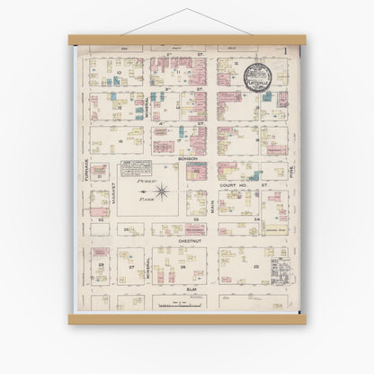 Old map wall art mockup — magnetic wood frame on white wall — Sanborn Fire Insurance Map from Platteville, Grant County, Wisconsin (1884), Sheet #0001