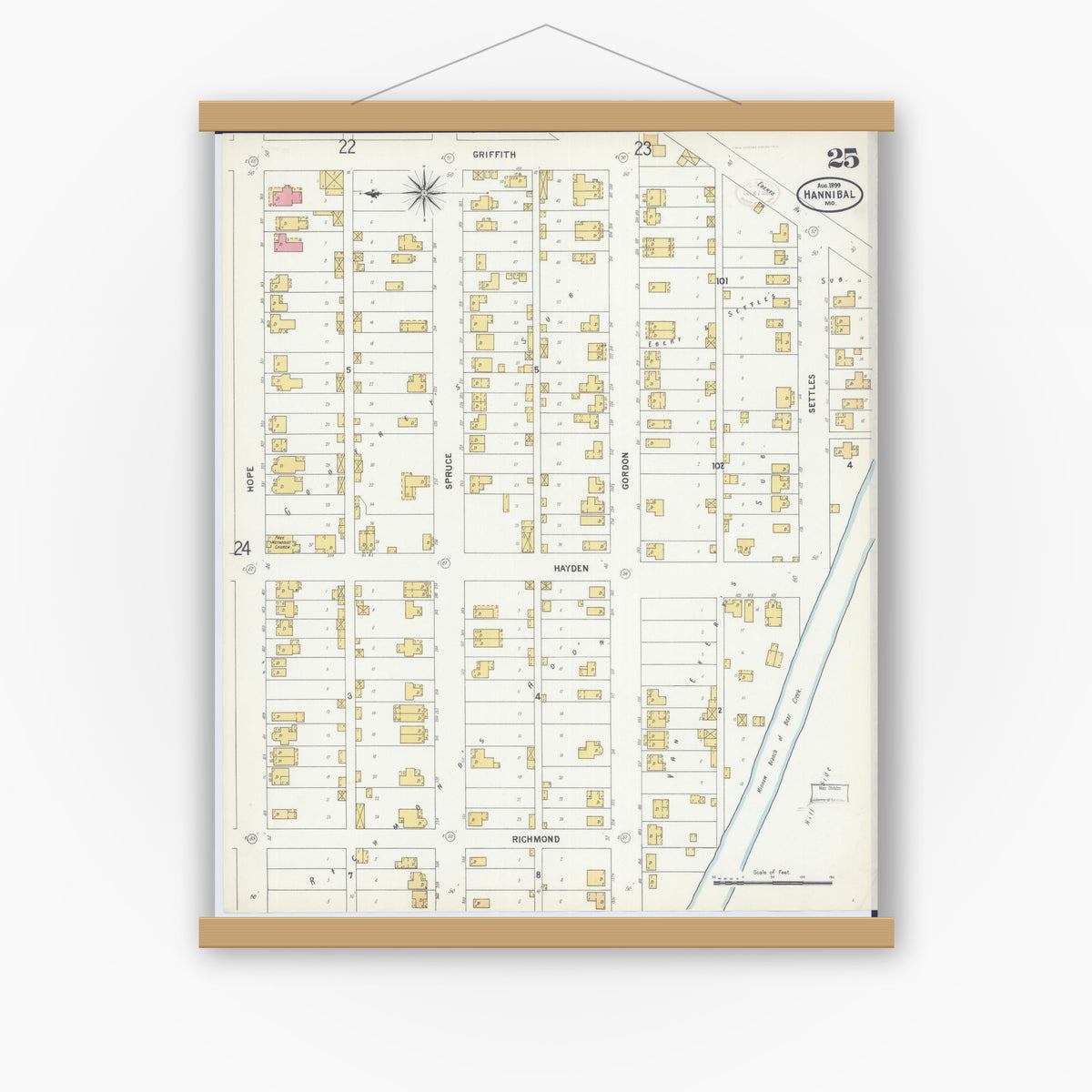 Old map wall art mockup — magnetic wood frame on white wall — Sanborn Fire Insurance Map from Hannibal, Marion County, Missouri (1899), Sheet #0025