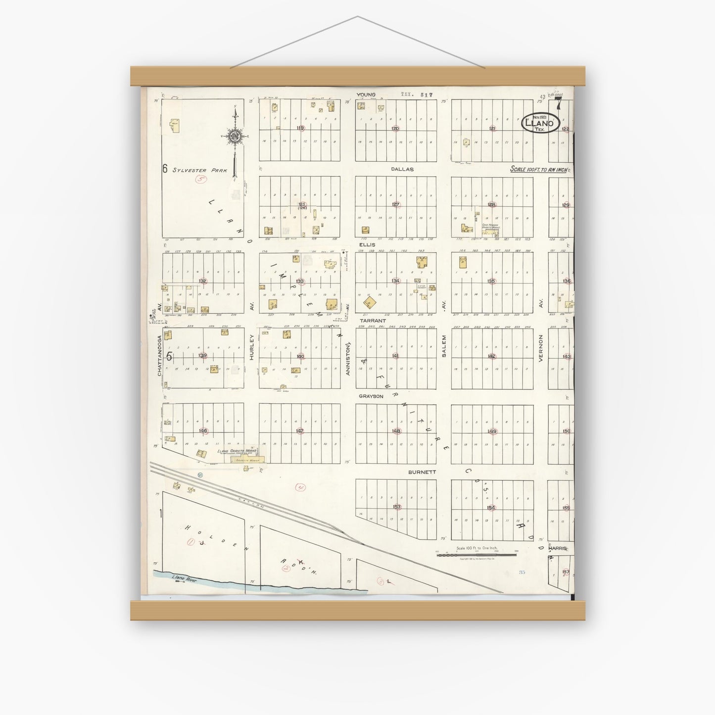 Old map wall art mockup — magnetic wood frame on white wall — Sanborn Fire Insurance Map from Llano, Llano County, Texas (1942), Sheet #0007