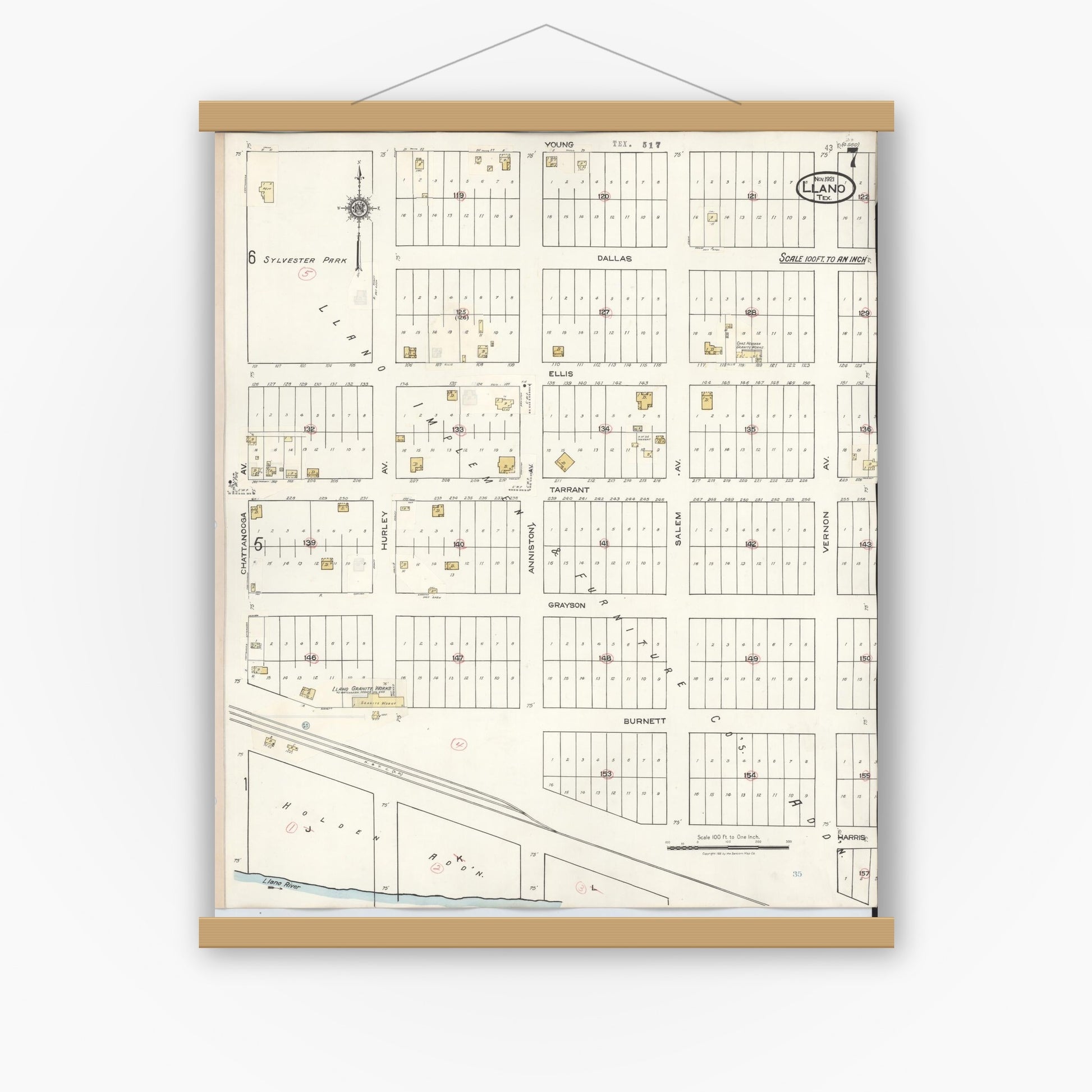 Old map wall art mockup — magnetic wood frame on white wall — Sanborn Fire Insurance Map from Llano, Llano County, Texas (1942), Sheet #0007