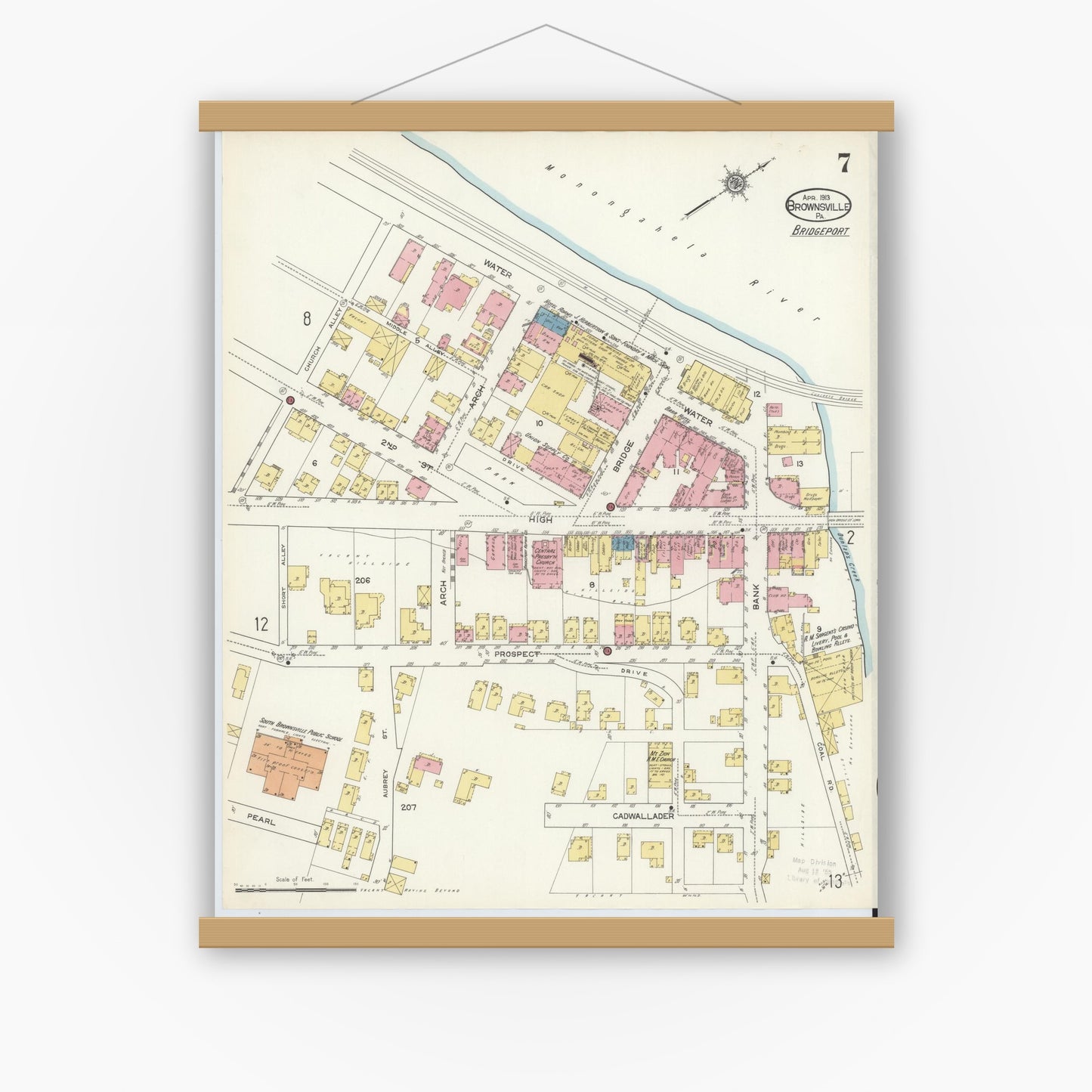 Old map wall art mockup — magnetic wood frame on white wall — Sanborn Fire Insurance Map from Brownsville, Fayette County, Pennsylvania (1913), Sheet #0007