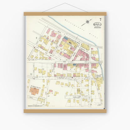 Old map wall art mockup — magnetic wood frame on white wall — Sanborn Fire Insurance Map from Brownsville, Fayette County, Pennsylvania (1913), Sheet #0007