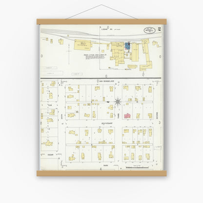 Old map wall art mockup — magnetic wood frame on white wall — Sanborn Fire Insurance Map from Merrill, Lincoln County, Wisconsin (1907), Sheet #0002