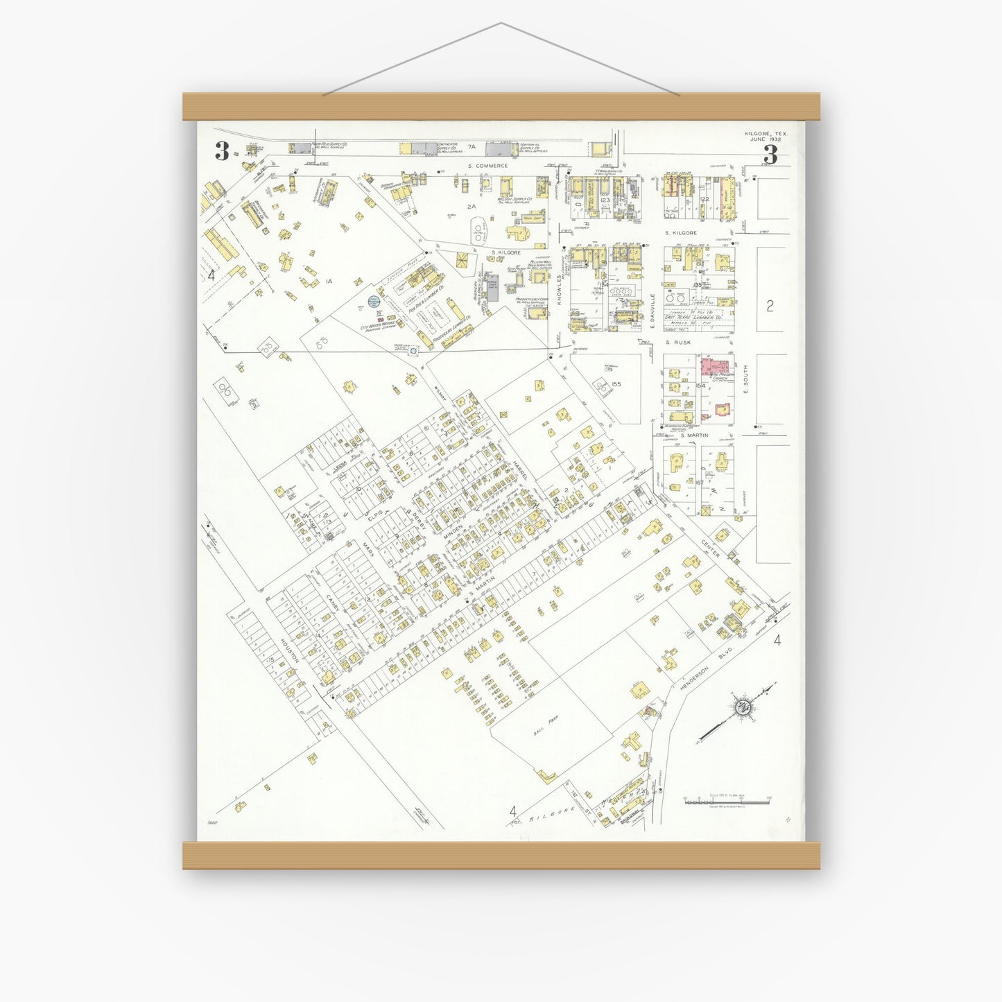 Old map wall art mockup — magnetic wood frame on white wall — Sanborn Fire Insurance Map from Kilgore, Gregg County, Texas (1932), Sheet #0003