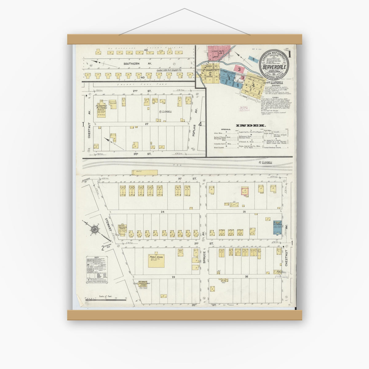 Old map wall art mockup — magnetic wood frame on white wall — Sanborn Fire Insurance Map from Beaverdale, Cambria County, Pennsylvania (1911) - Complete Map Set