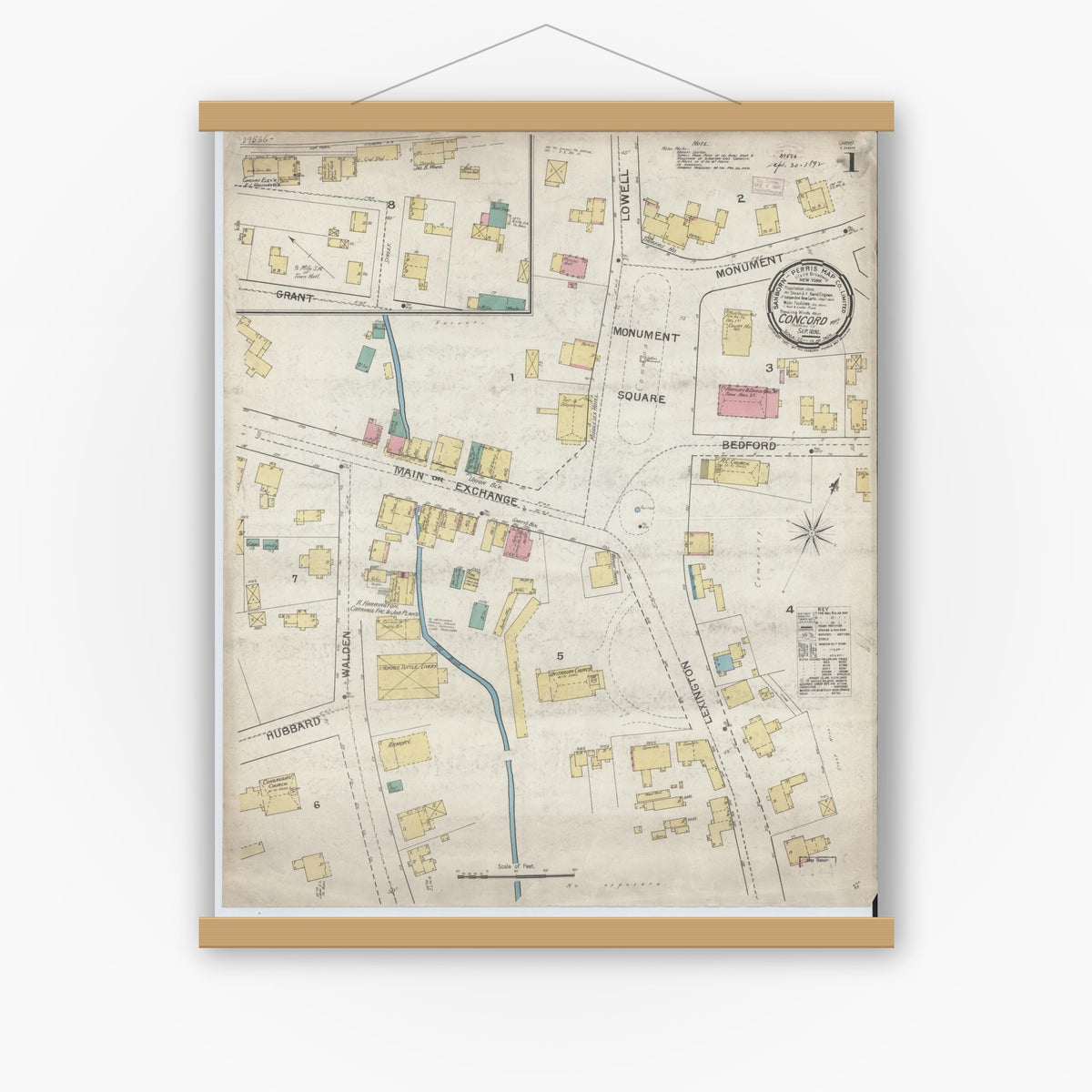 Old map wall art mockup — magnetic wood frame on white wall — Sanborn Fire Insurance Map from Concord, Middlesex County, Massachusetts (1892) - Complete Map Set