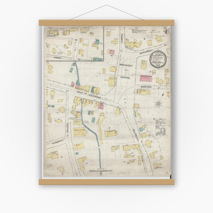 Old map wall art mockup — magnetic wood frame on white wall — Sanborn Fire Insurance Map from Concord, Middlesex County, Massachusetts (1892) - Complete Map Set
