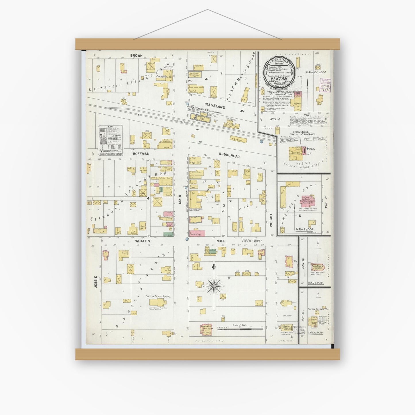 Old map wall art mockup — magnetic wood frame on white wall — Sanborn Fire Insurance Map from Elkton, Huron County, Michigan (1901), Sheet #0001