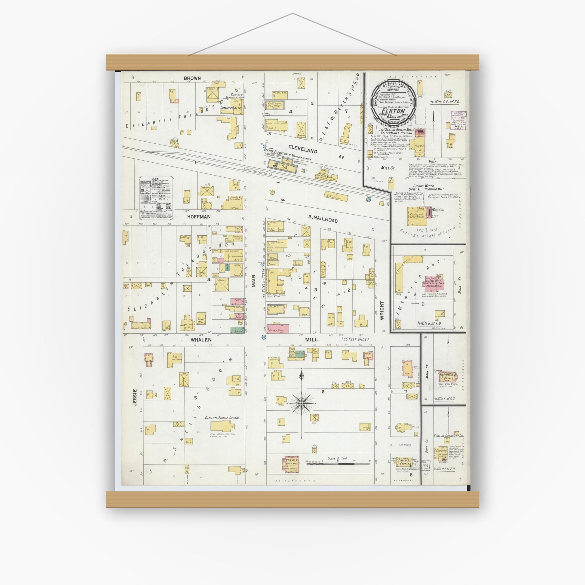 Old map wall art mockup — magnetic wood frame on white wall — Sanborn Fire Insurance Map from Elkton, Huron County, Michigan (1901), Sheet #0001