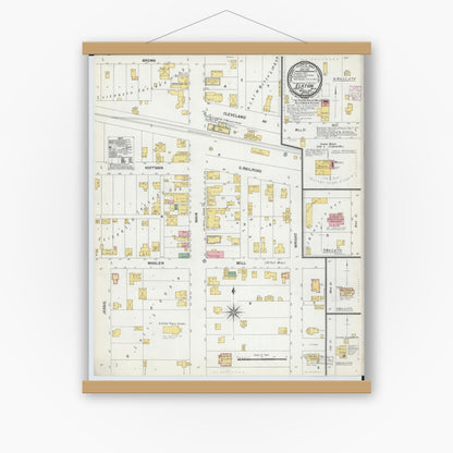 Old map wall art mockup — magnetic wood frame on white wall — Sanborn Fire Insurance Map from Elkton, Huron County, Michigan (1901), Sheet #0001