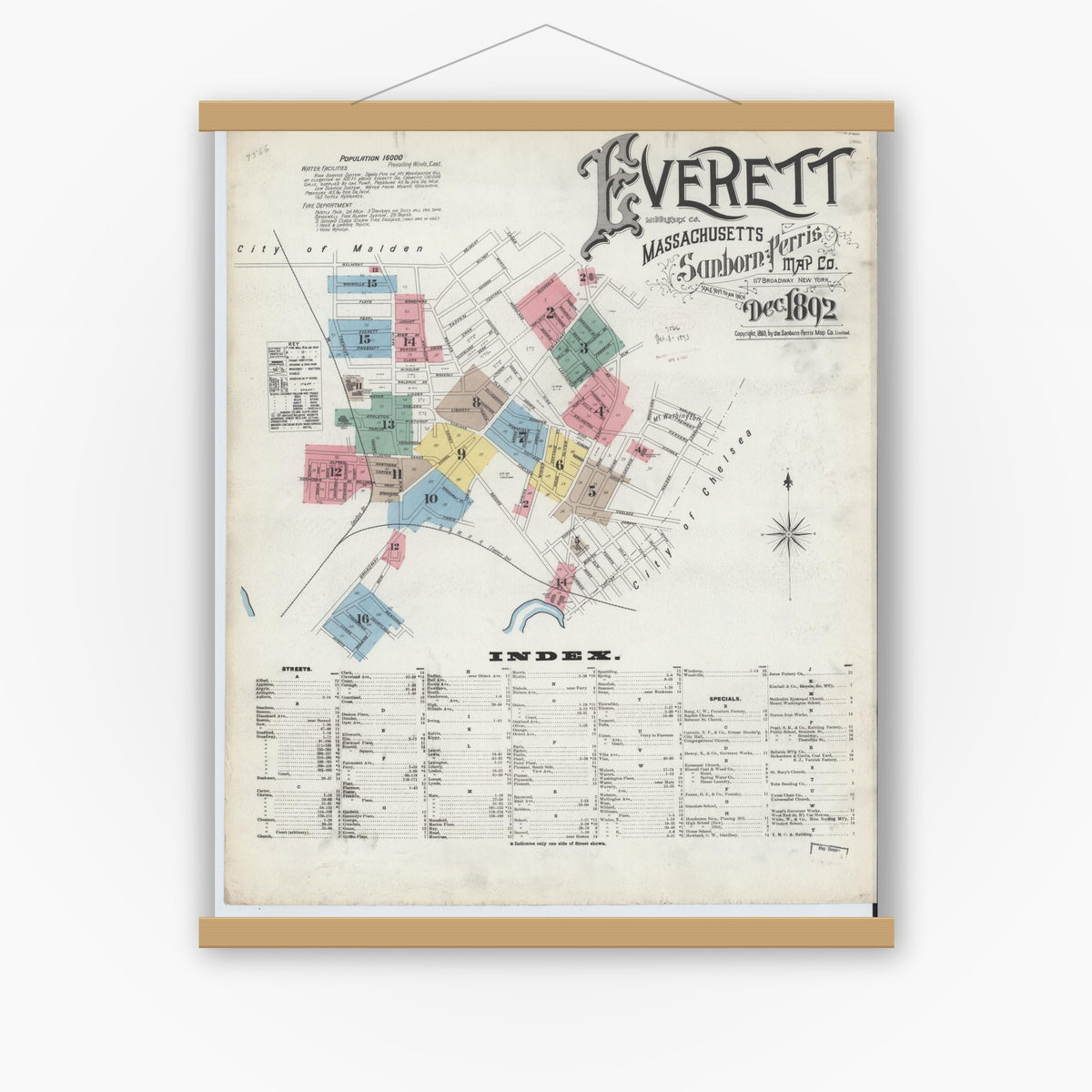 Old map wall art mockup — magnetic wood frame on white wall — Sanborn Fire Insurance Map from Everett, Middlesex County, Massachusetts (1892), Sheet #0001