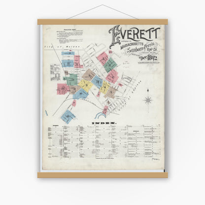 Old map wall art mockup — magnetic wood frame on white wall — Sanborn Fire Insurance Map from Everett, Middlesex County, Massachusetts (1892), Sheet #0001