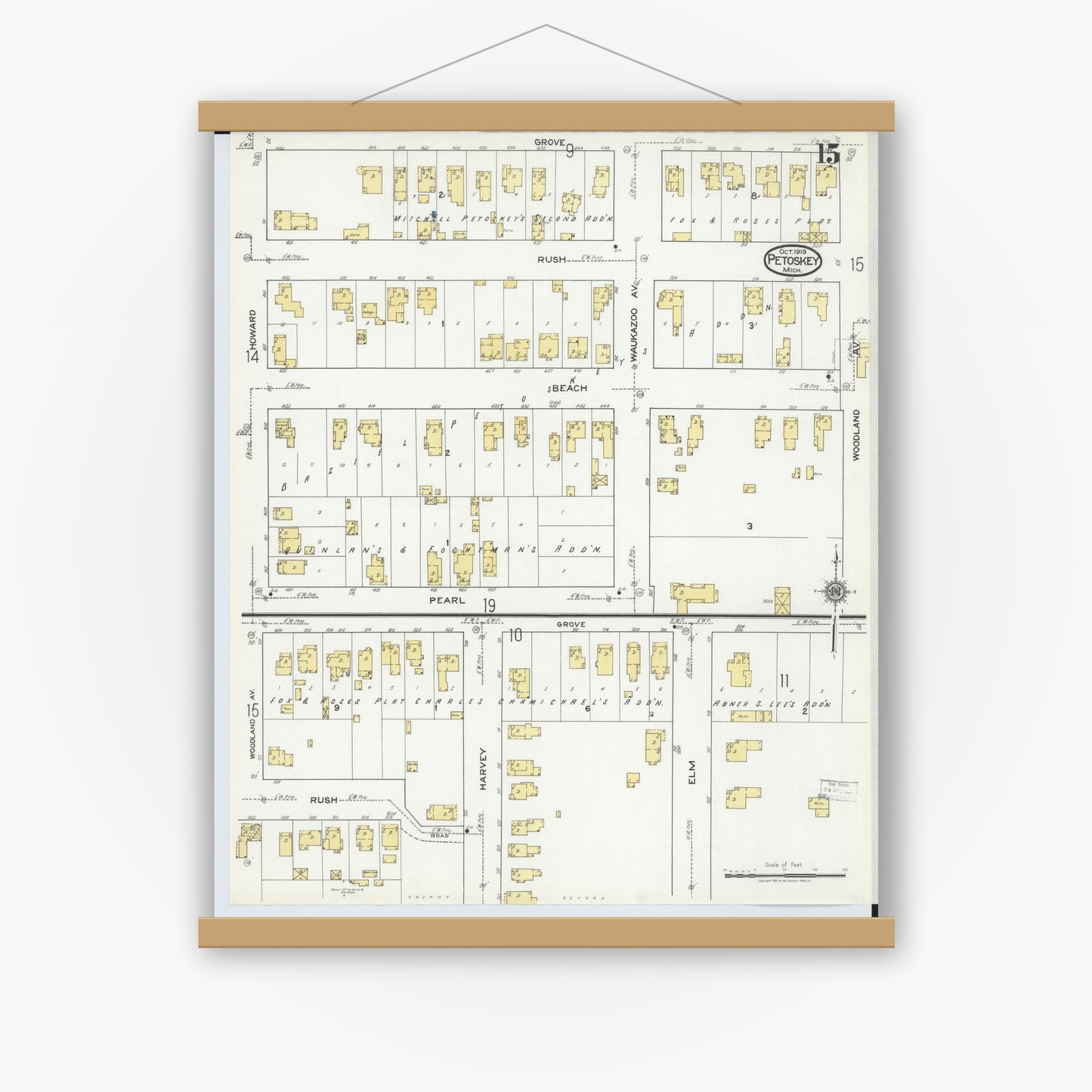 Old map wall art mockup — magnetic wood frame on white wall — Sanborn Fire Insurance Map from Petoskey, Emmet County, Michigan (1919), Sheet #0015
