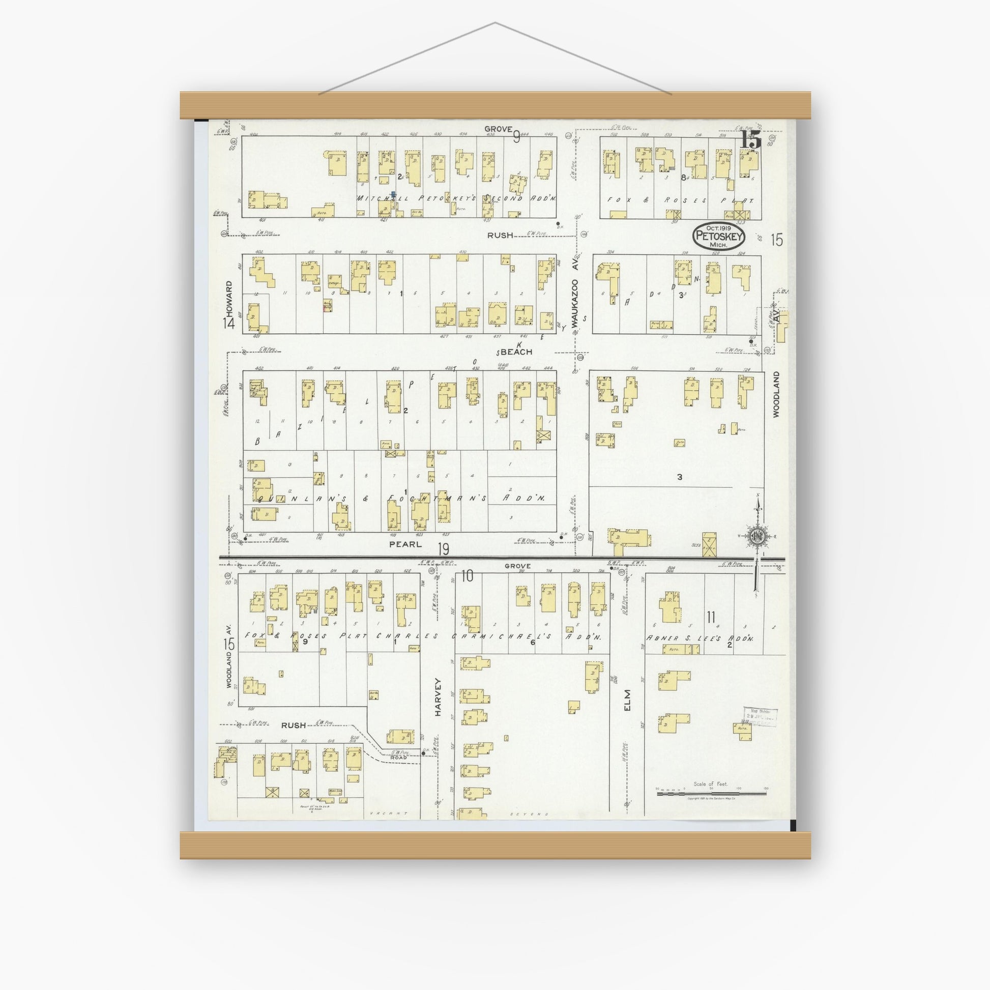 Old map wall art mockup — magnetic wood frame on white wall — Sanborn Fire Insurance Map from Petoskey, Emmet County, Michigan (1919), Sheet #0015