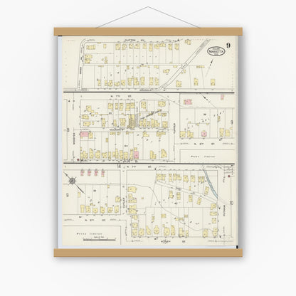 Old map wall art mockup — magnetic wood frame on white wall — Sanborn Fire Insurance Map from Marietta, Washington County, Ohio (1915), Sheet #0009