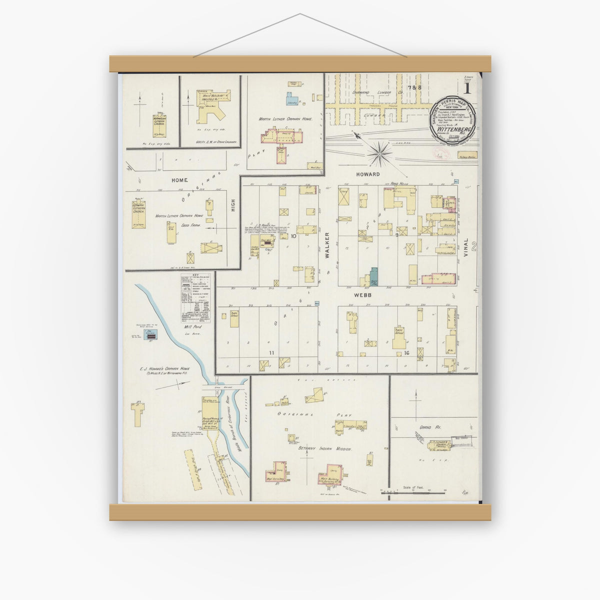 Old map wall art mockup — magnetic wood frame on white wall — Sanborn Fire Insurance Map from Wittenberg, Shawano County, Wisconsin (1894) - Complete Map Set