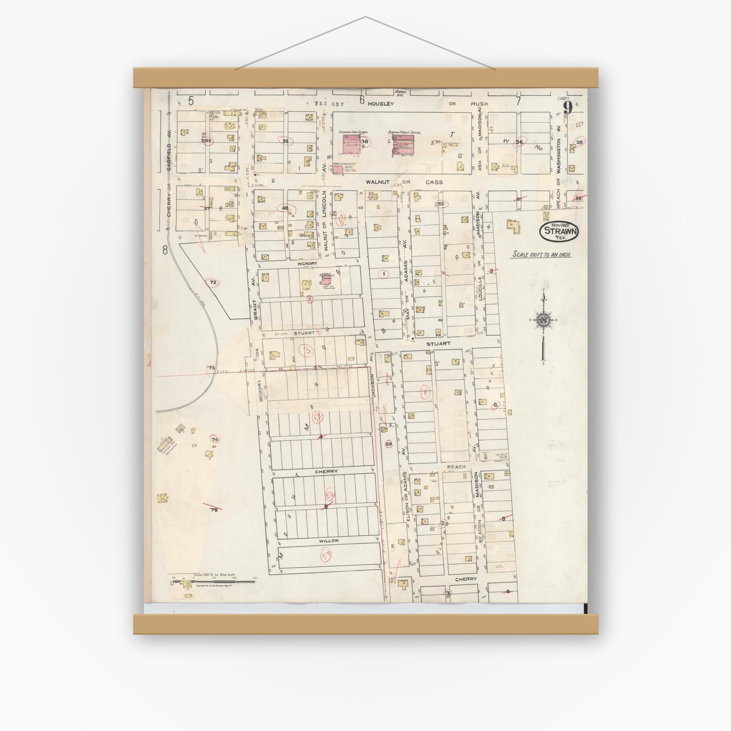Old map wall art mockup — magnetic wood frame on white wall — Sanborn Fire Insurance Map from Strawn, Palo Pinto County, Texas (1944), Sheet #0009
