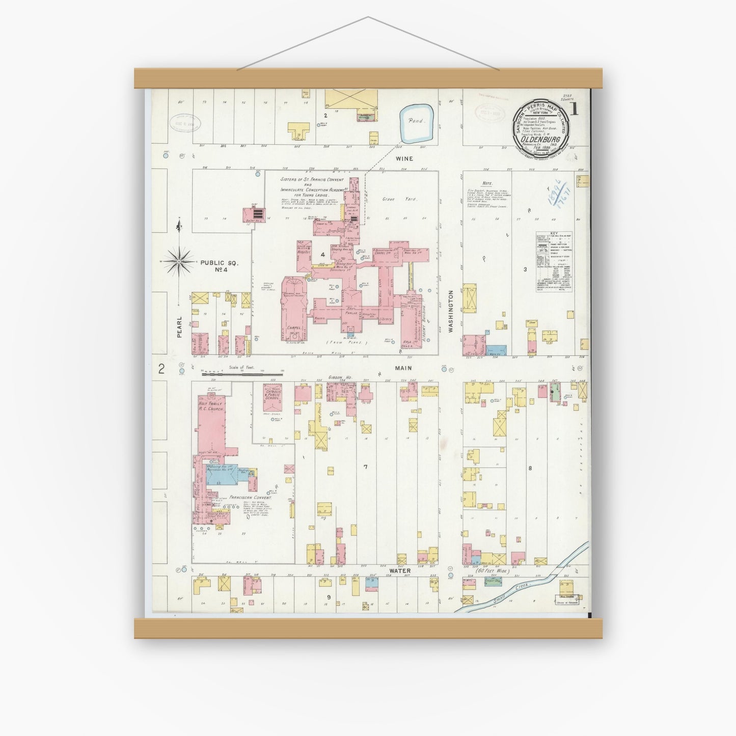 Old map wall art mockup — magnetic wood frame on white wall — Sanborn Fire Insurance Map from Oldenburg, Franklin County, Indiana (1899) - Complete Map Set