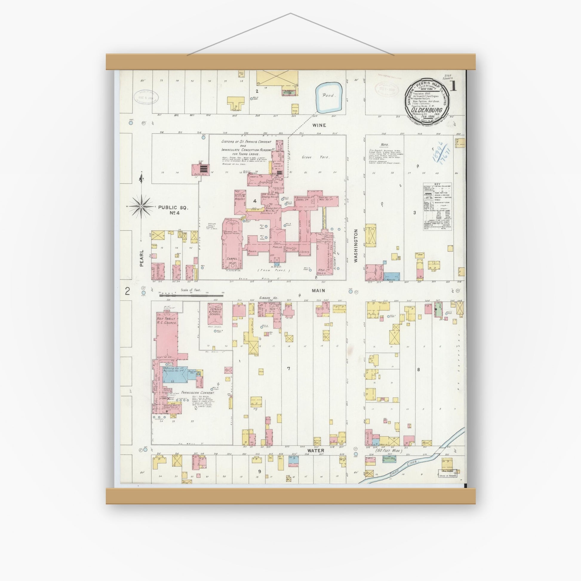 Old map wall art mockup — magnetic wood frame on white wall — Sanborn Fire Insurance Map from Oldenburg, Franklin County, Indiana (1899) - Complete Map Set