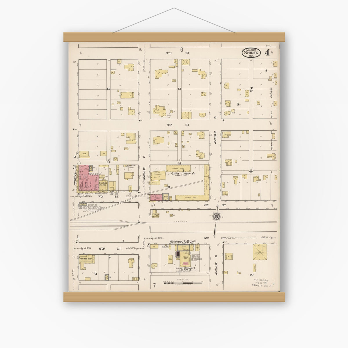 Old map wall art mockup — magnetic wood frame on white wall — Sanborn Fire Insurance Map from Shiner, Lavaca County, Texas (1922), Sheet #0004