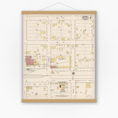 Old map wall art mockup — magnetic wood frame on white wall — Sanborn Fire Insurance Map from Shiner, Lavaca County, Texas (1922), Sheet #0004