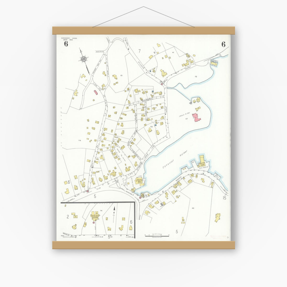 Old map wall art mockup — magnetic wood frame on white wall — Sanborn Fire Insurance Map from Cohasset, Norfolk County, Massachusetts (1935), Sheet #0006