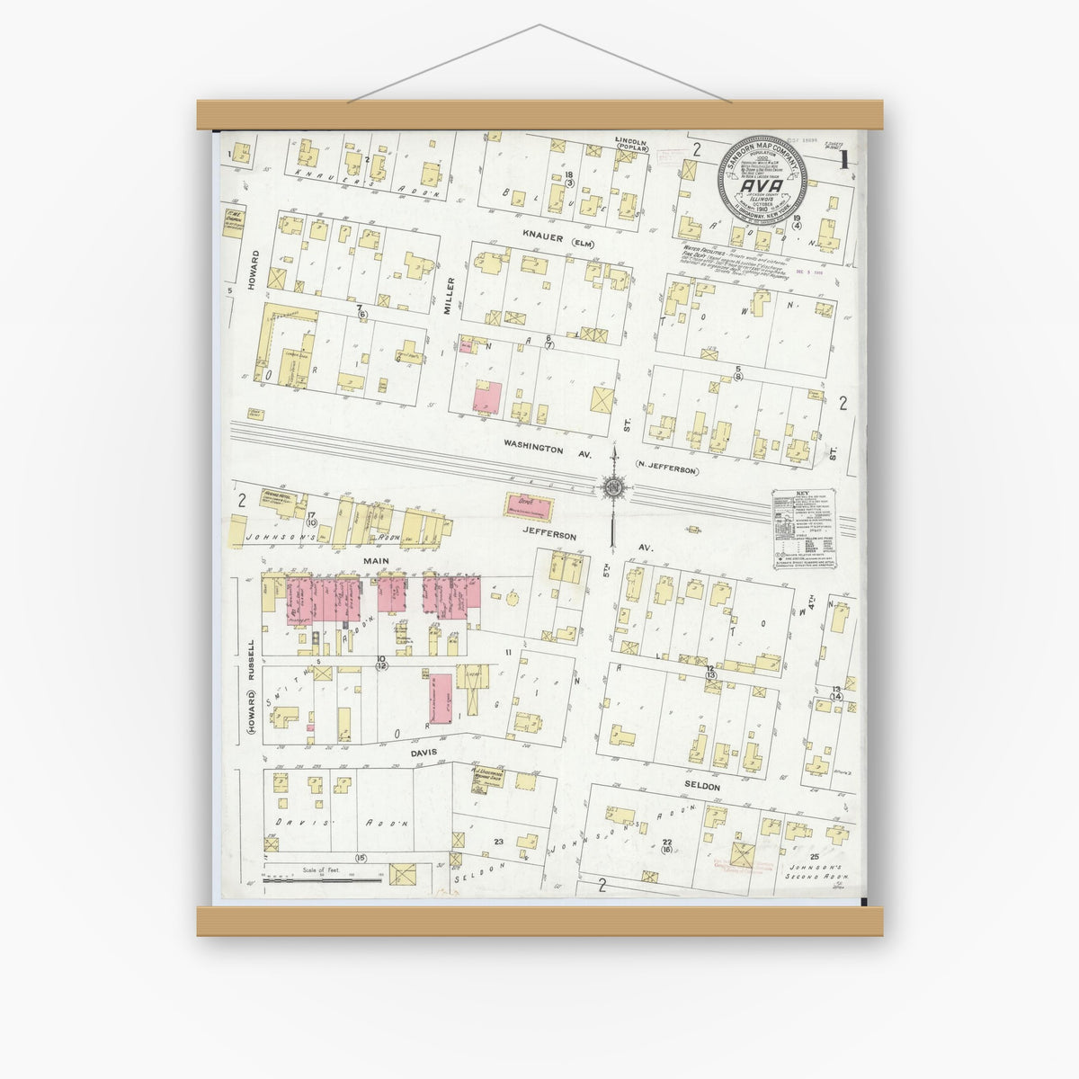 Old map wall art mockup — magnetic wood frame on white wall — Sanborn Fire Insurance Map from Ava, Jackson County, Illinois (1910) - Complete Map Set