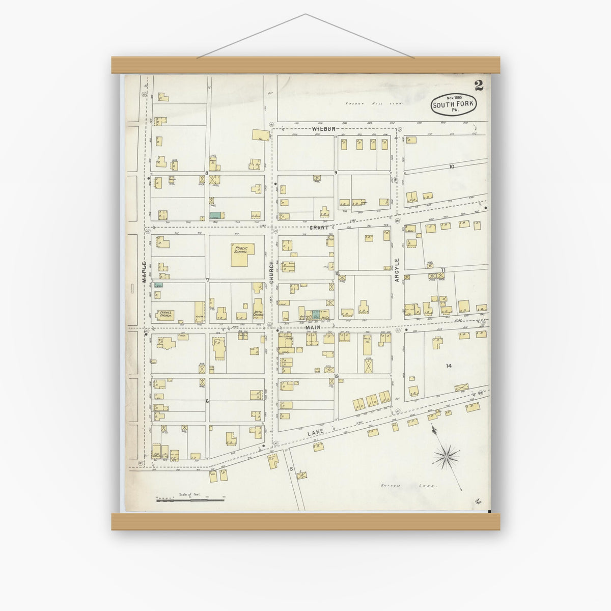 Old map wall art mockup — magnetic wood frame on white wall — Sanborn Fire Insurance Map from South Fork, Cambria County, Pennsylvania (1895), Sheet #0002