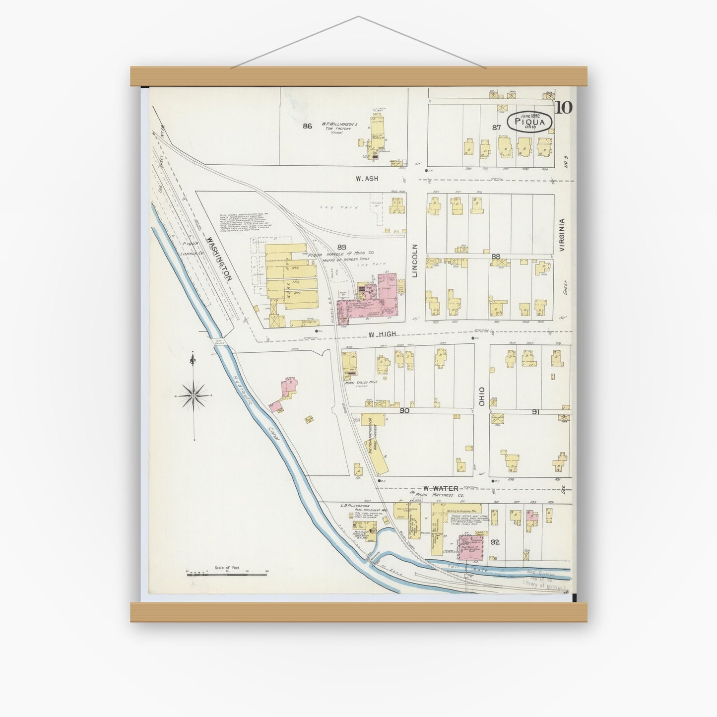 Old map wall art mockup — magnetic wood frame on white wall — Sanborn Fire Insurance Map from Piqua, Miami County, Ohio (1892), Sheet #0010